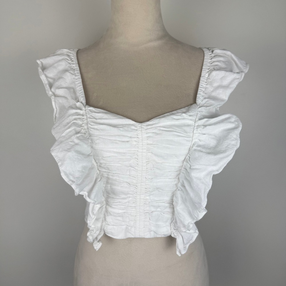 H&M White Linen Blend Ruched Ruffle‎ Crop Top Smocked Back Sweetheart Size Small